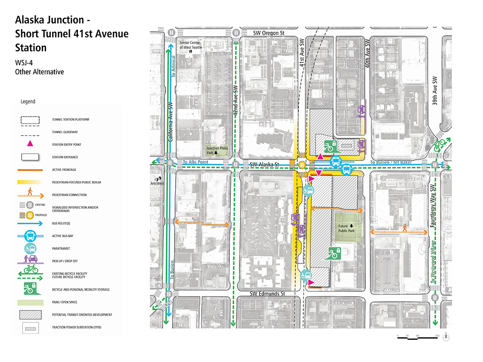 A map that describes how pedestrians, bus riders, bicyclists, and drivers could access the Alaska Junction - Short Tunnel Forty-First Avenue Station Alternative.